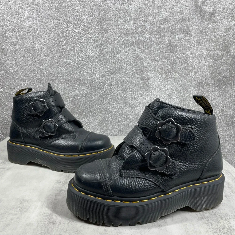 Dr Martens Boots Womens 6 Platform Buckle Flower Leather Grunge Punk Goth